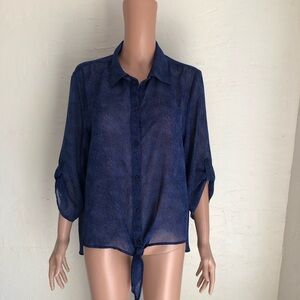 Chico’s Tie Women's Size 2(L) Sheer Denim Style Blue Button-Up Blouse Shirt Top